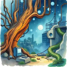 A vibrant scene depicting a tree integrated with technology, symbolizing embedded systems' evolution.