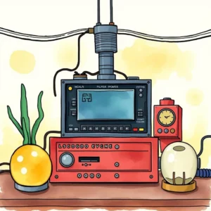Power Budget Calculator tool displayed on a desk with various electronic devices and plants.