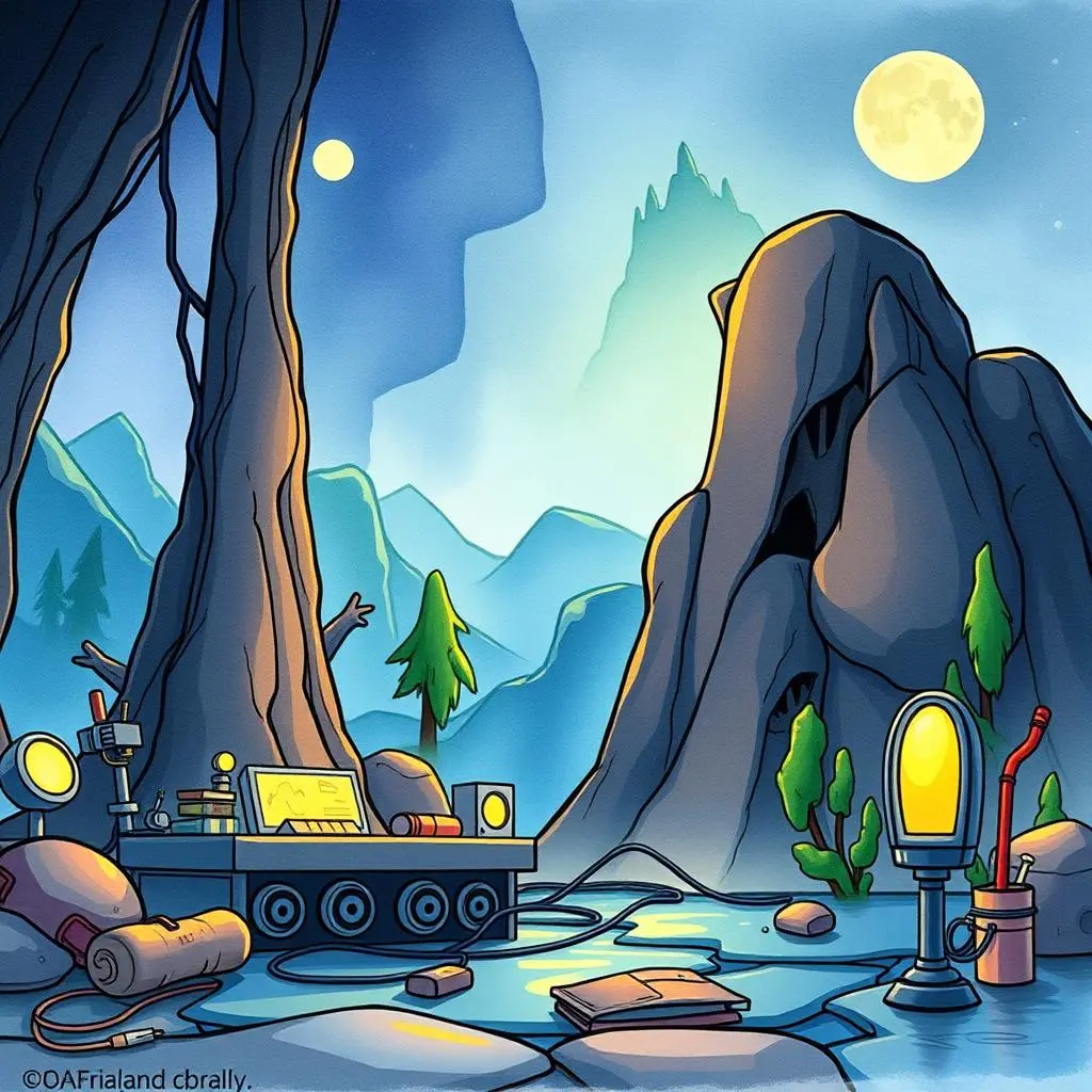 Requirement clarifier: Distill complex system requirements into clear formats 1 A vibrant forest scene with a tool station for clarifying complex system requirements