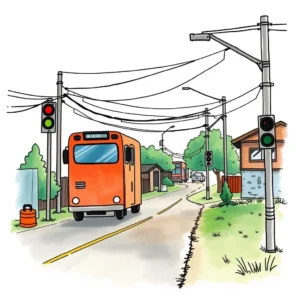 Illustration of a bus on a street with traffic signals and power lines.