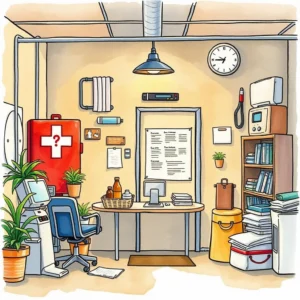 A well-organized office space for emergency preparedness, featuring a first aid kit and essential documents