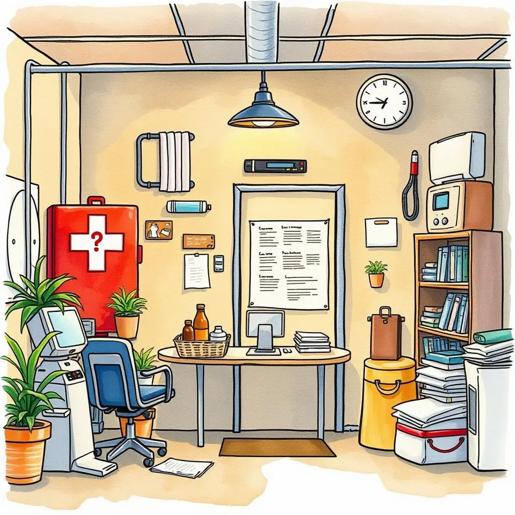 Emergency contact grouping tool: Categorize contacts for emergencies effectively 1 A well-organized office space for emergency preparedness, featuring a first aid kit and essential documents