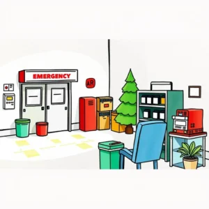 Emergency room with clearly labeled entrance and organized emergency supplies.