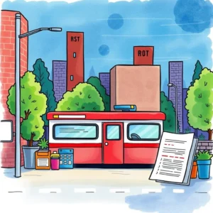 Red emergency contact utility vehicle parked, surrounded by trees and buildings, with a report displayed nearby.