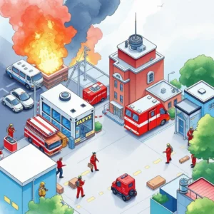 Emergency response scene with firefighters and emergency vehicles during a fire incident