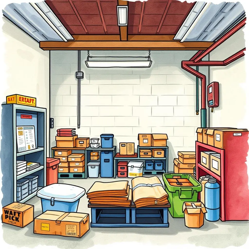 Inventory control generator: Generate detailed inventory reports for supplies 1 Storage area filled with boxes and supplies, illustrating inventory management for emergency preparedness.