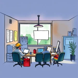Desk scene with emergency preparedness professionals discussing role assignment summary app use.