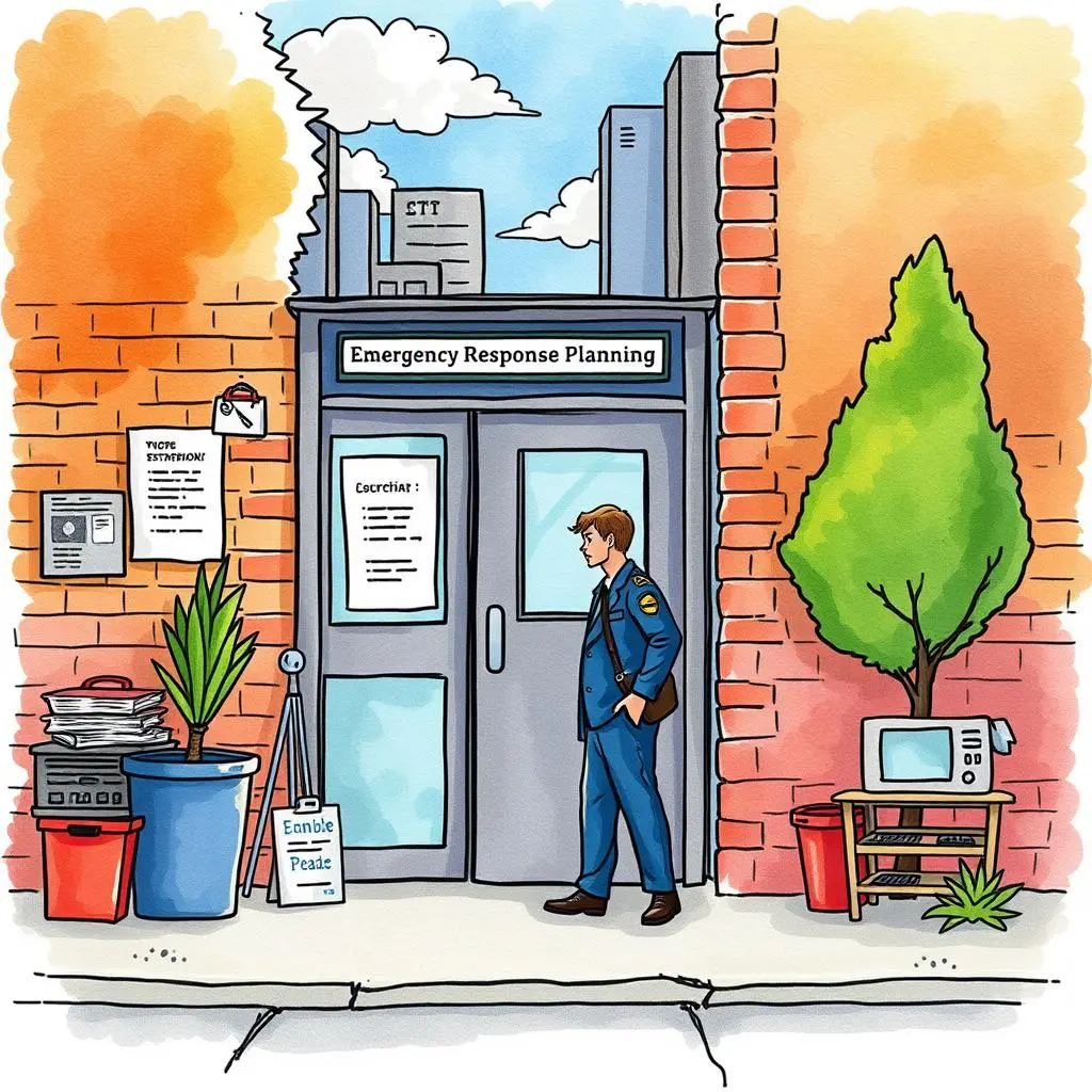 Emergency meeting coordinator: Schedule and communicate emergency planning meetings 1 Emergency Response Planning office entrance with a security officer and planning materials outside