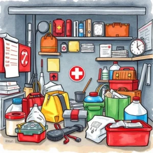 Emergency supply planner: Generate lists of required emergency supplies 7 Emergency supplies organized in a storage space for effective response planning
