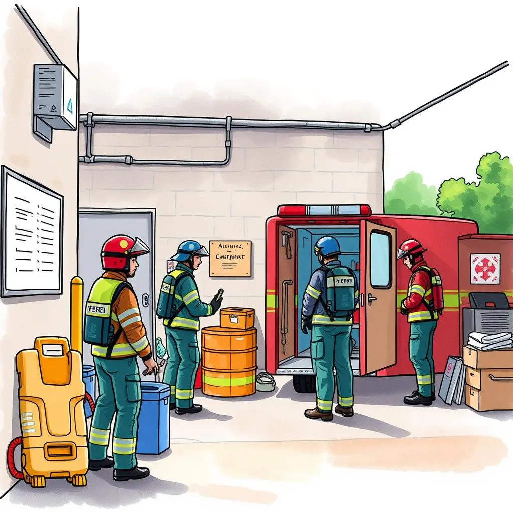Response scenario simulator: Create scenarios to simulate emergency responses 1 Emergency responders preparing for drills in a training facility with essential equipment nearby.