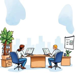 An office scene depicting two professionals analyzing data on computers, focused on compensation strategies.