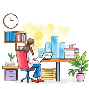 A professional woman analyzing data on a laptop in a bright office with books and charts around her