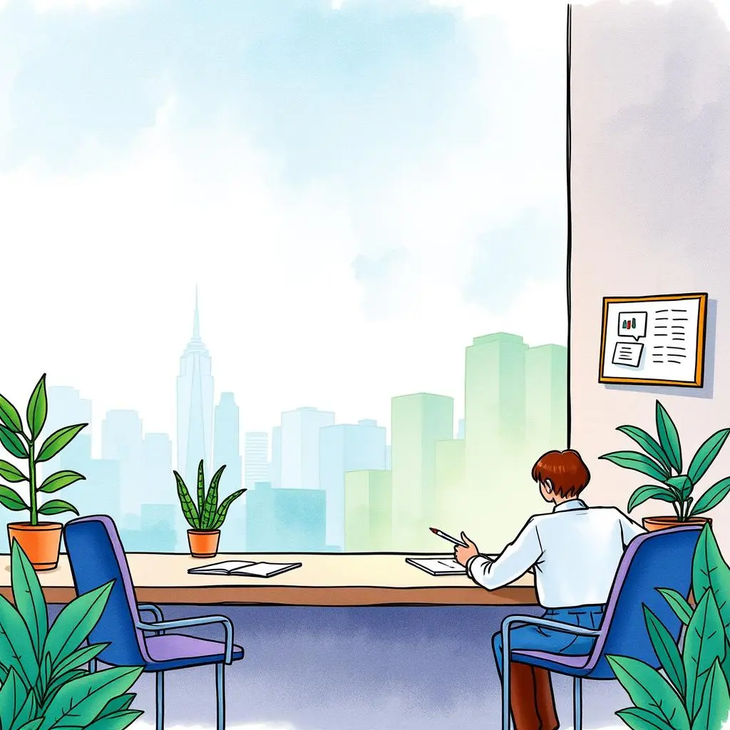 A person sitting at a desk with a city skyline view, preparing to create performance review templates.