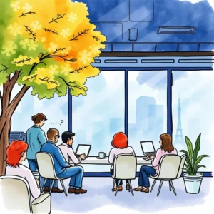 A diverse group of employees engages in a meeting with a view of the Eiffel Tower.