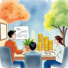 Employee salary analysis meeting with charts, plants, and gold coins on the table.