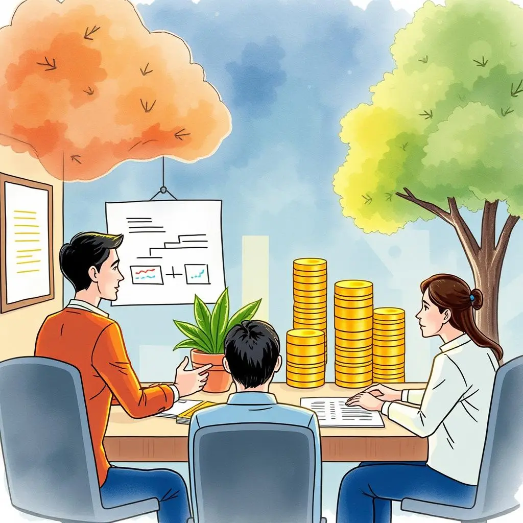 Salary analysis streamliner: Streamline analysis of employee salary structures 1 Employee salary analysis meeting with charts, plants, and gold coins on the table.