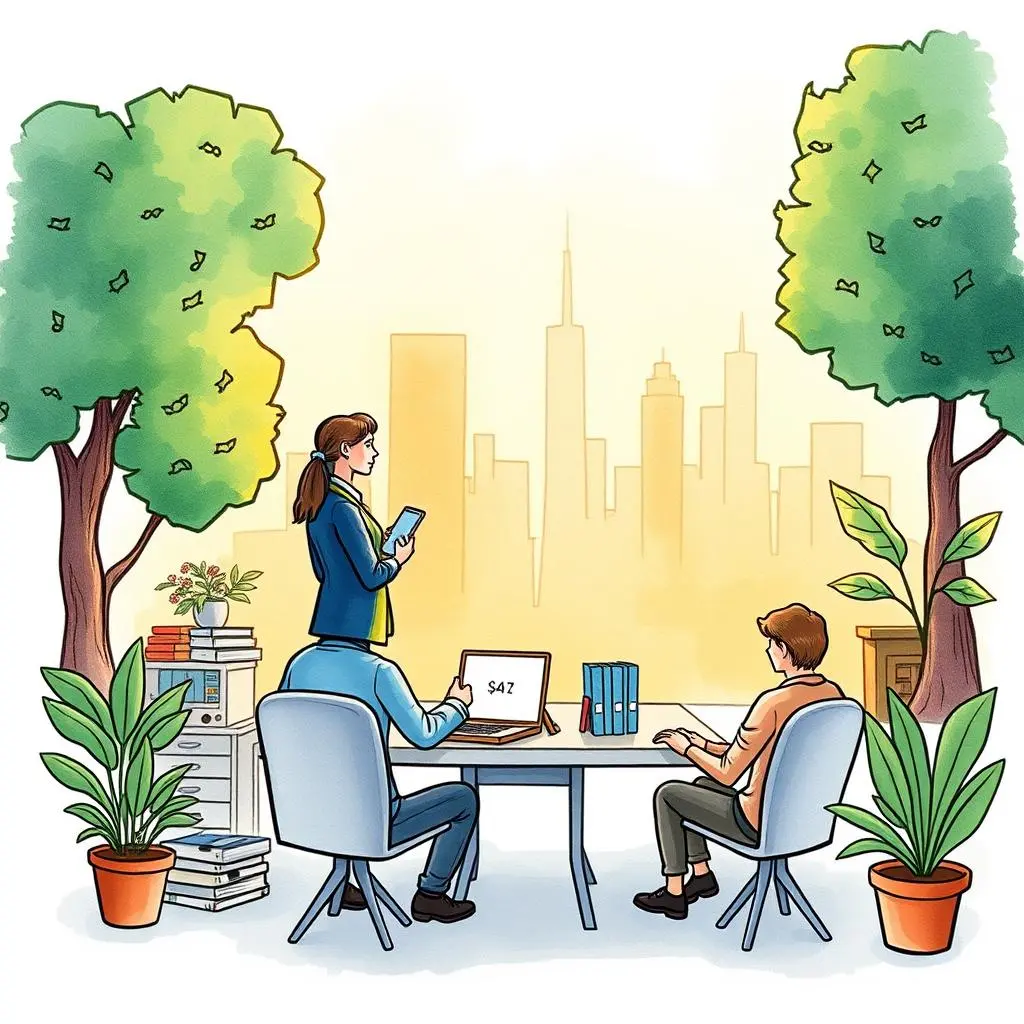Salary comparison analyzer: Evaluate and compare salary data effortlessly 1 A group of professionals analyzing salary data in a bright, modern office setting with a city view