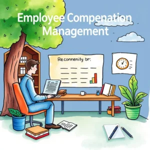 Employee Compensation Management scene illustrating a compensation analyst reviewing reports and charts.