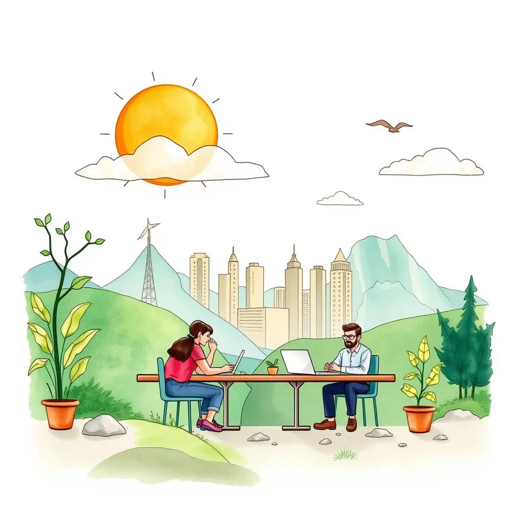 Feedback analysis tool: Analyze employee feedback for training insights 1 A vibrant illustration of two individuals collaborating outdoors, symbolizing engagement in employee feedback analysis.