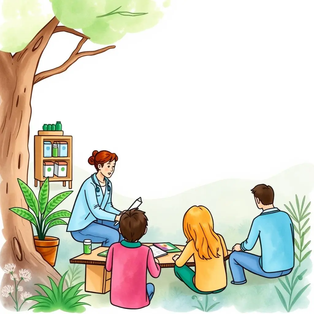 Feedback collector: Gather participant opinions for improvement 1 Gathering opinions in a training session under a tree with a facilitator and participants.