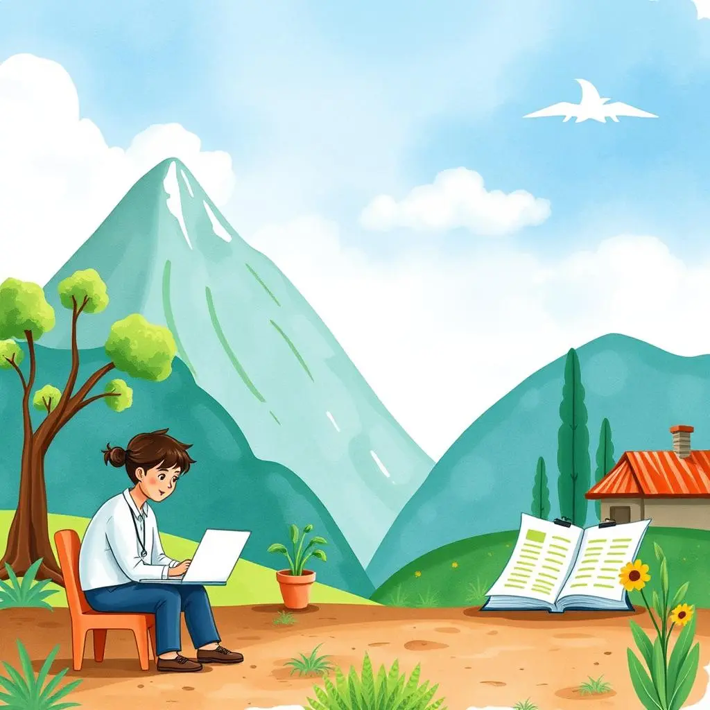 Insight report generator: Develop reports from collected feedback 1 Person using a laptop outdoors, surrounded by nature and open books.