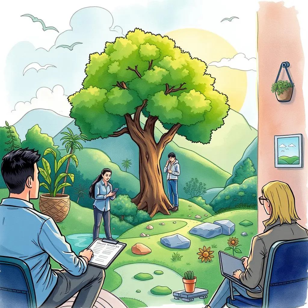 Training results synthesizer: Compile results and trends from training evaluations 1 Employees discussing training results in a serene, nature-inspired setting.