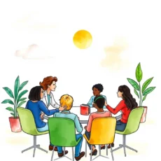 A team of diverse individuals collaborates around a table to address workplace challenges.