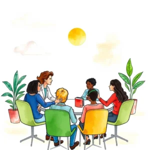 A team of diverse individuals collaborates around a table to address workplace challenges.