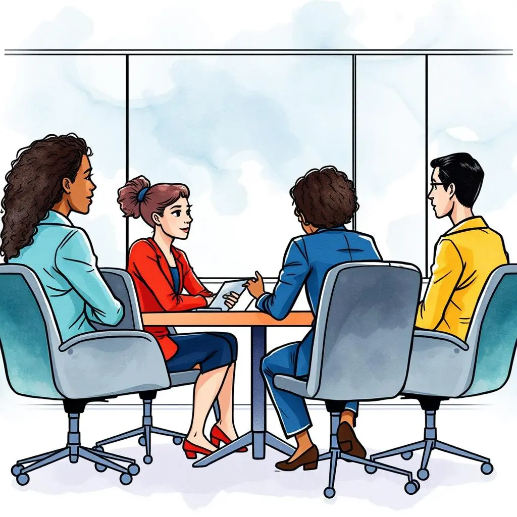 Cross-functional meeting script creator: Produce scripts for effective interdepartmental meetings 1 Interdepartmental team discussing strategies at a conference table for employee engagement.
