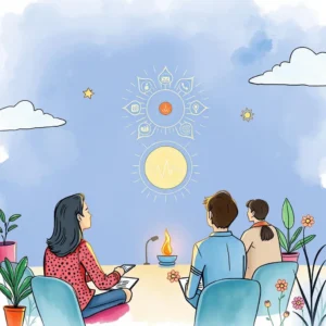 A diverse group of people engaging in mindfulness practices with visuals representing wellness techniques.