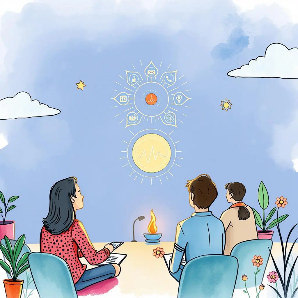 Mindfulness practices creator: Generate mindfulness techniques for employee well-being 1 A diverse group of people engaging in mindfulness practices with visuals representing wellness techniques.