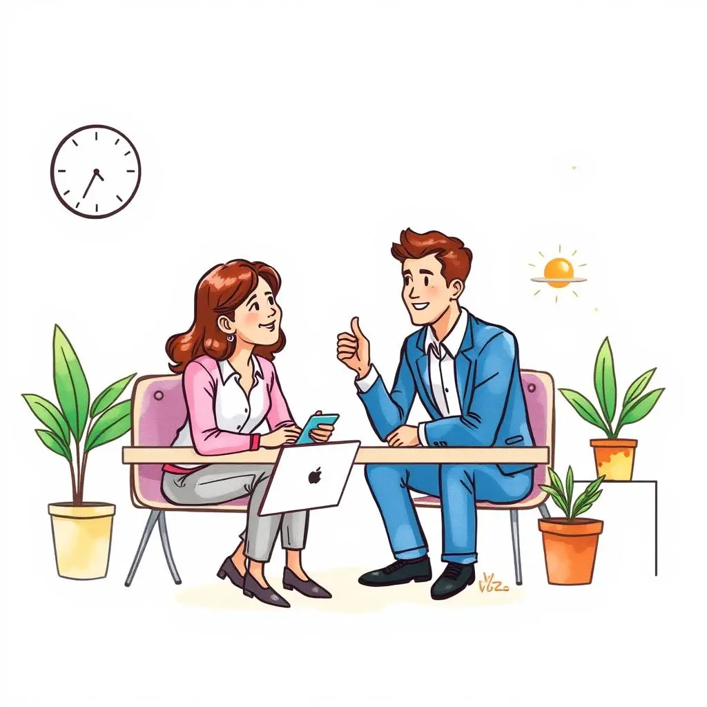 Work-life balance advisor: Generate personalized work-life balance tips 1 Two professionals discussing work-life balance tips in a bright office setting.