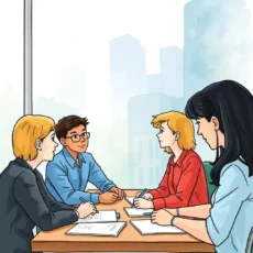 Team discussing employee feedback summary reports in a bright office setting.