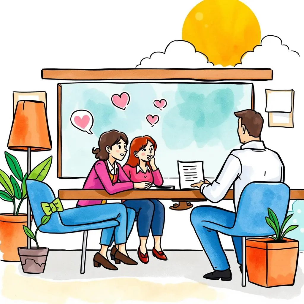 Opinion aggregator: Collect and display employee sentiments 1 Employee feedback discussion with two women engaging an HR specialist in a bright, inviting office setting.