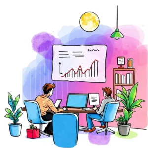 A collaborative workspace featuring two professionals reviewing training performance metrics on a screen.