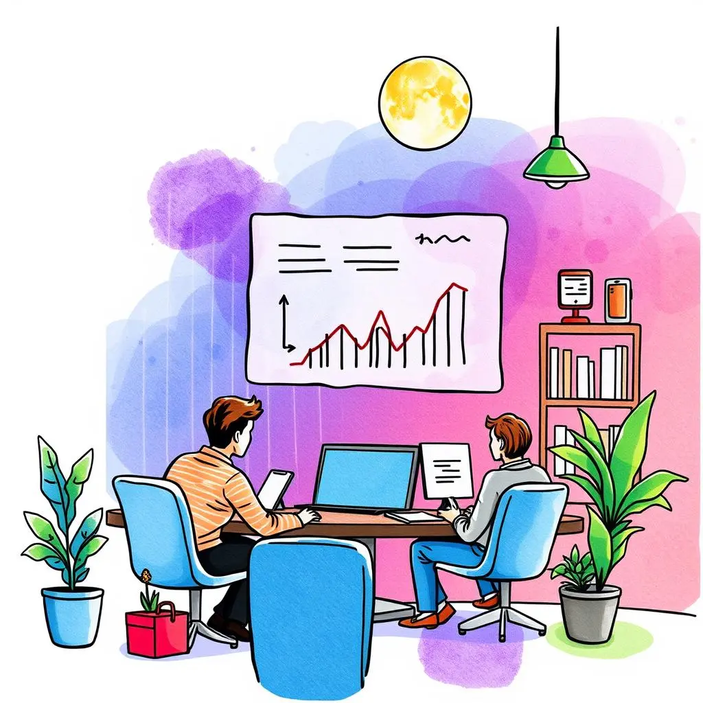 Learning impact evaluator: Generate insights on training performance metrics 1 A collaborative workspace featuring two professionals reviewing training performance metrics on a screen.