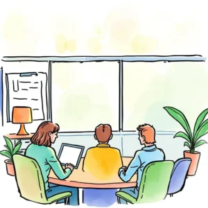 A group of employees discussing employee training effectiveness in a modern office setting.