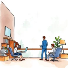 Three professionals discussing employee skill development in an office setting.