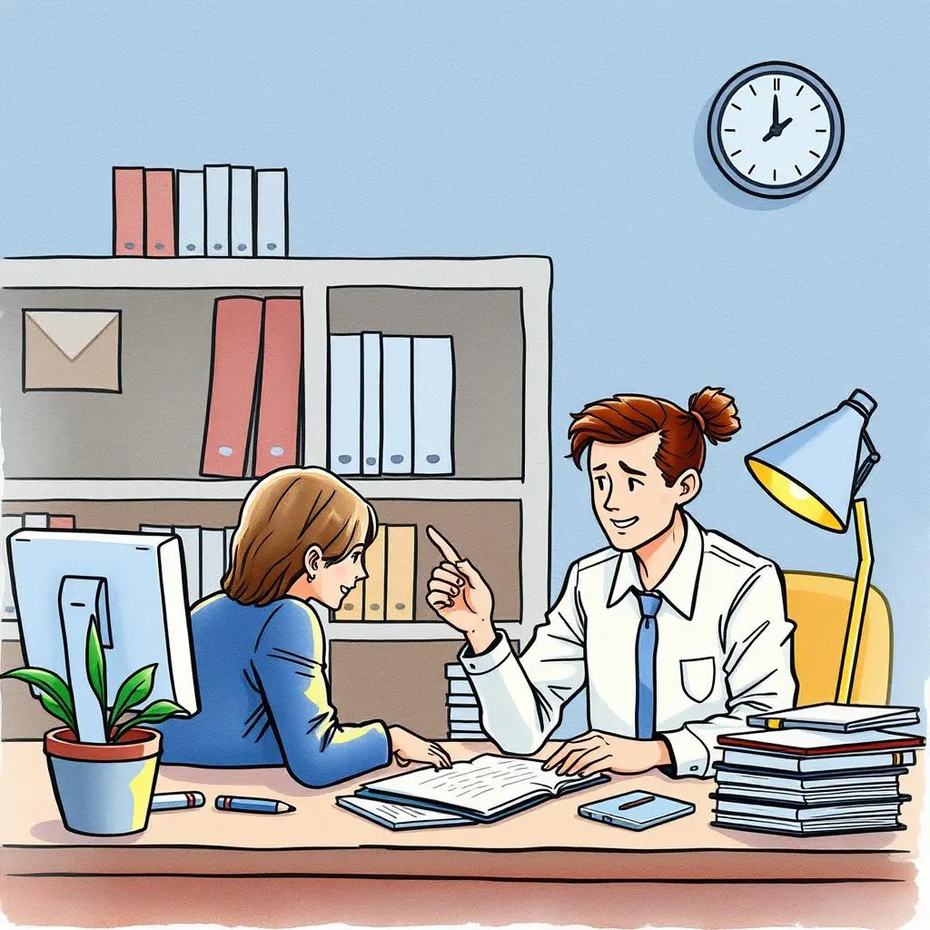 A friendly HR professional discusses employee records with a colleague in an office setting.