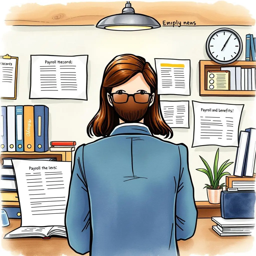 Record discrepancy identifier: Highlight inconsistencies in records 1 Human resources professional reviewing employee records for discrepancies.