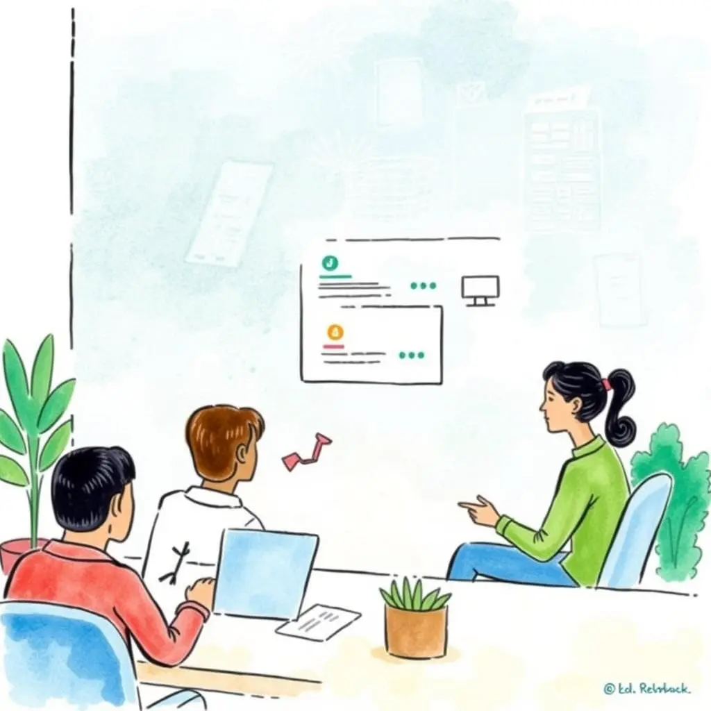 Engagement feedback summarizer: Summarize engagement-related employee feedback 1 Employees discussing engagement feedback in a collaborative workspace setting.