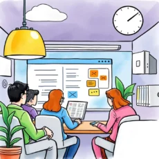 Employees collaborating in a meeting, generating feedback responses on a screen.