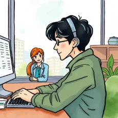 A person using a computer with a woman observing, depicting a collaborative HR feedback context.