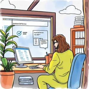 Employee using a computer in a home office for tax documentation support tasks