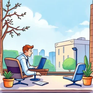 A professional looking man seated at a desk working on a laptop with a city view.