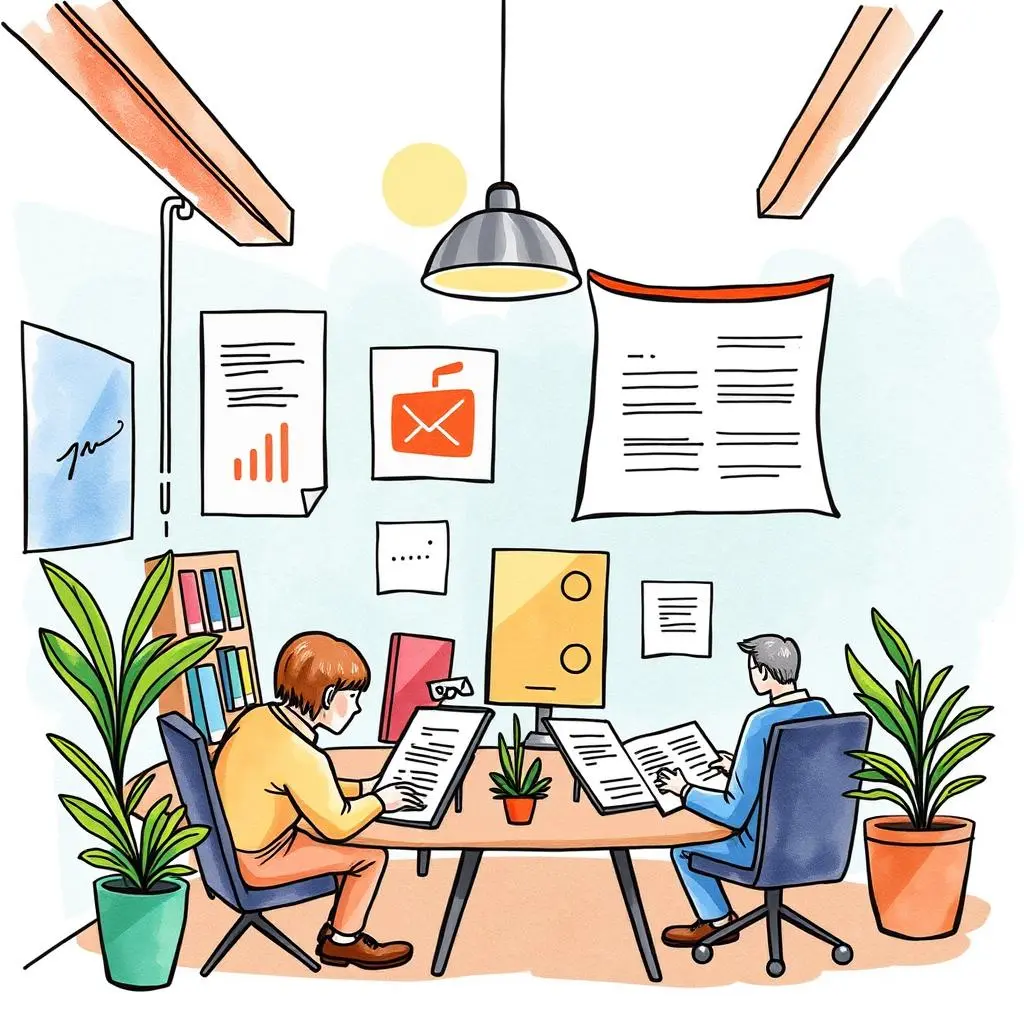 Onboarding guide generator: Create informative onboarding materials 1 An illustration of two colleagues working collaboratively in an office setting, focused on creating onboarding materials.