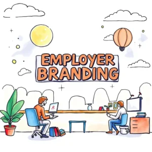 Employer Branding illustration with two people working in a creative office environment