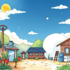Illustration of eco-friendly buildings with solar panels in a sunny landscape.