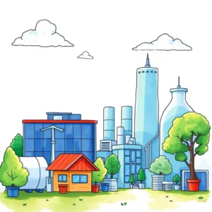 Colorful depiction of diverse energy-efficient buildings and technologies.