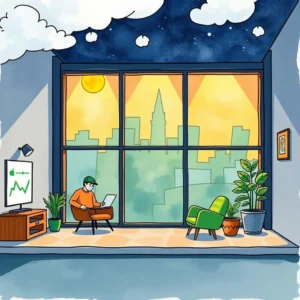 A modern workspace with a person analyzing data on a laptop beside large windows and plants